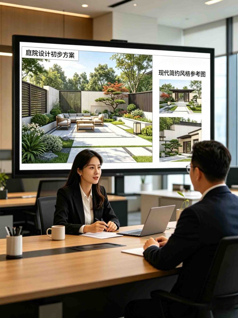 景观设计师与客户在明亮的会议室中进行线上沟通，大屏幕上展示着现代简约风格的庭院设计初步方案和参考图，体现了专业的一对一服务。