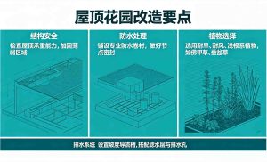 屋顶花园改造要点,建筑设计师和工程师在城市高楼的屋顶上,规划一个屋顶花园的改造方案,重点讨论了防水、承重和植物选择等关键技术要点,背景是繁华的城市天际线。