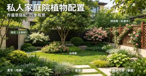 私人家庭院植物配置,一个充满生机的私人庭院,园林设计师正在根据业主的喜好和庭院的光照条件,精心搭配各种植物,包括高大的乔木、多彩的灌木和四季常青的地被植物,营造出层次分明、色彩斑斓的植物景观。