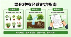 绿化种植经营避坑,一位经验丰富的园林种植户正在向新手展示如何选择优质的苗木,画面中对比了健康强壮的苗木和带有病虫害、根系发育不良的劣质苗木,提醒在绿化种植经营中要严把苗木质量关,避免因小失大。