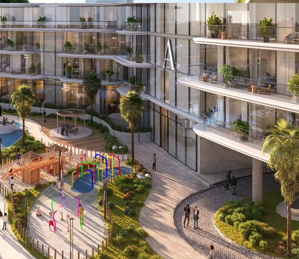 栖枫景观现代商住小区园林效果图，高层公寓中庭造景，包含休闲步道、儿童活动区、热带乔木绿化，地产居住区整体景观设计高清效果图
