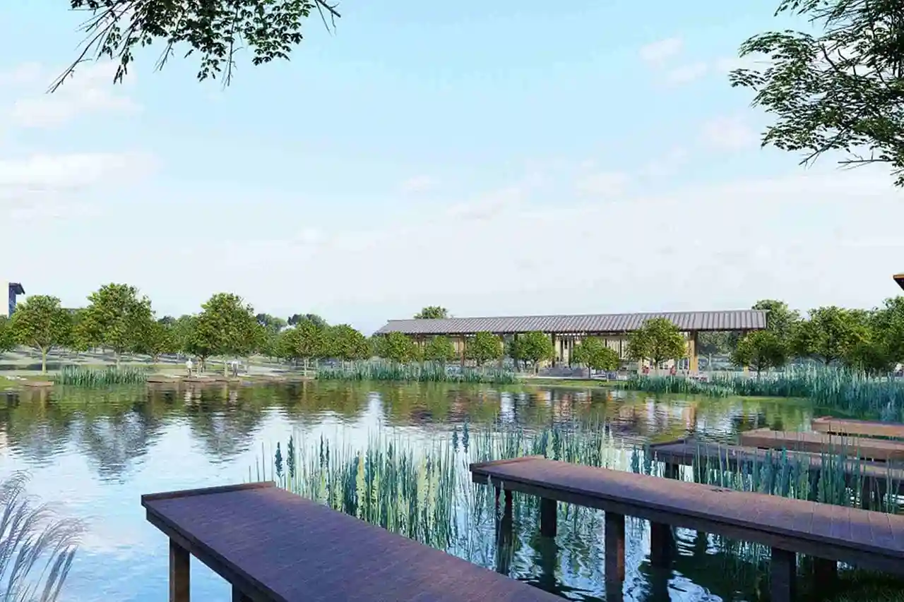 滨水公园木栈道景观效果图，栖枫景观提供庭院、滨水景观方案、施工图、改造设计线上咨询