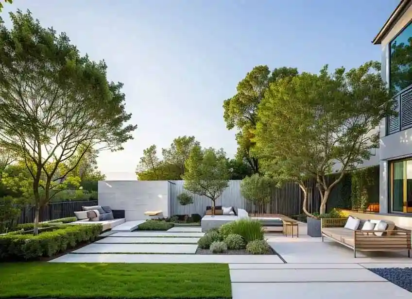 现代简约别墅私家庭院景观实景，栖枫景观资深设计师定制园林方案，规范制图高效落地，全程跟进庭院设计改造项目